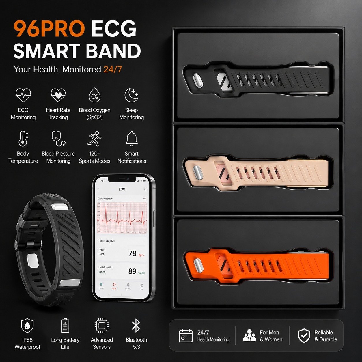 Screenless ECG Smart Health Band - 2 pcs